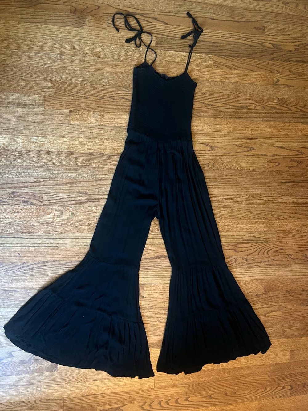 Storia Black Wide-Leg Smocked Jumpsuit with Tie Straps